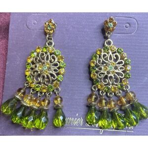 Premier Designs Golden Green Amber Chandelier Earrings ~2"